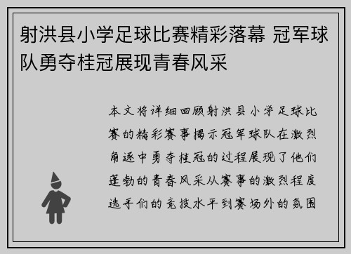 射洪县小学足球比赛精彩落幕 冠军球队勇夺桂冠展现青春风采